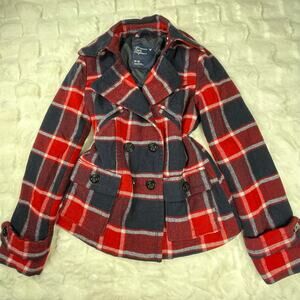🔥American Eagle Wool Blend Plaided Red Blue Military Style Peacoat Jacket Sz M